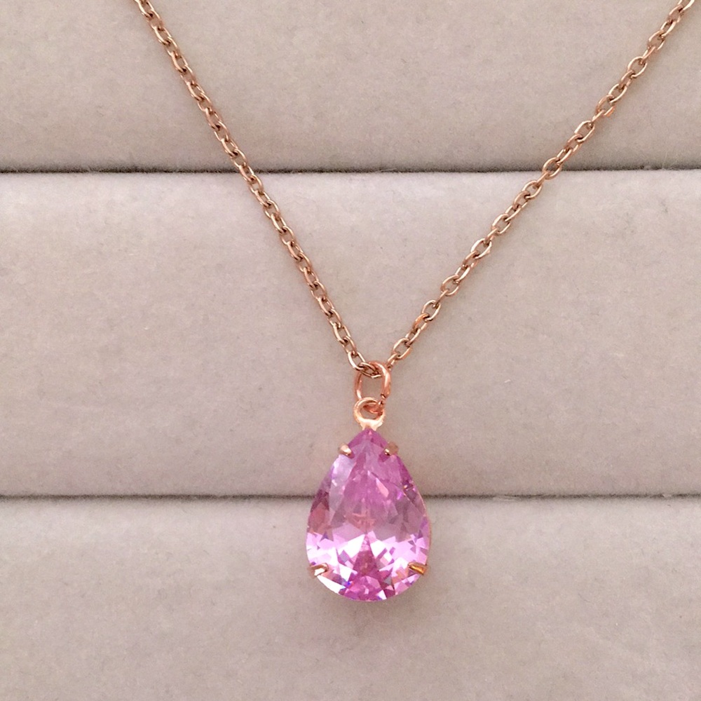 Rose Pink + Rose Gold Cubic Zirconia Pear Crystal Drop Pendant Necklace - Picture 7 of 10